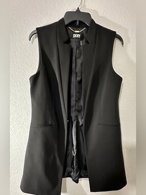 NWOT DKNY Elegant Black Vest w/Lining and Slit Collar and Gold Detailing, Long
